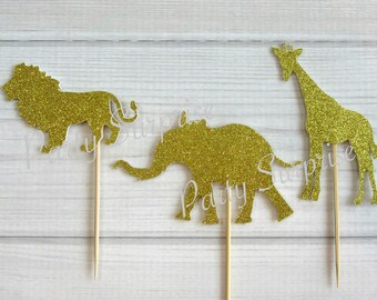 Gold Safari Cupcake Toppers Gold Glitter Giraffe Elephant Lion Toppers Giraffe Cake Topper Jungle Zoo Animal Party Decor Gold Glitter Safari