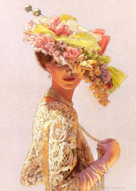 Victorian Lady flower hat art print ladies portrait lace