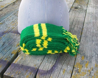 Knitted Green and Yellow Striped Long Scarf Ready to Ship