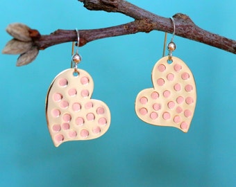 Heart Earrings, Sterling Silver and Brass Heart Earrings, Heart Dangle Earrings, Tricolor Heart Earrings, Hammered Earrings, Silver Earrings