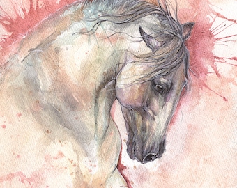 grey andalusian horse, equine art, horse portrait, equestrian, original pen and watercolor painting