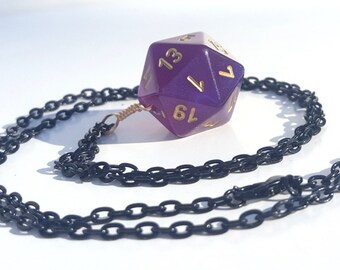 Dice Pendant Necklace - Purple Sparkle D20 Twenty Sided Dice Jewelry - Geeky Gamer Jewelry