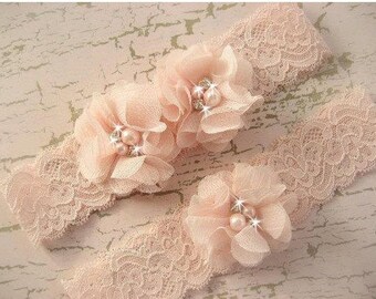 Wedding Garter Set Bridal Garter with Toss Garter in Lavender or Blush, Wedding Garder Bridal Wedding Garter with Chiffon Blossoms