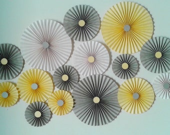 SET OF 15 - Yellow, White and Grey Paper Rosettes - Table Backdrop for Baby shower, Birthdays, wedding, Nursery
