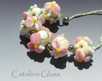 Lampwork beads/glass beads/handmade lampwork/artisan lampwork/sra handmade glass beads/lampwork glass beads/floral/flowers/garden/pink/white