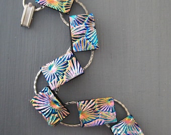 Dichroic Fused Glass Rainbow Bracelet, Glass Link Bracelet, Summer Jewelry, Flower Design Bracelet