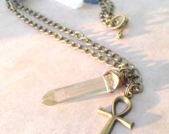 Crystal Quartz Ankh Necklace | Ankh Charm | Antique Gold Chain | Egyptian Necklace | Ankh Pendant | Egypt Cleopatra | Key of the Nile