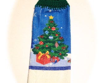 Christmas Tree Hand Towel With Paddy Green Crocheted Top