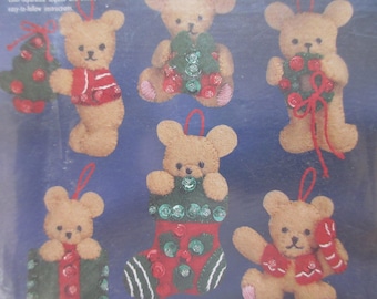 Felt Applique Bear Ornament Kit, Bucilla Mini Bear Ornaments Kit, Christmas Ornament Kit, Christmas Crafting, Tiny Bear Ornaments, 1990s Kit