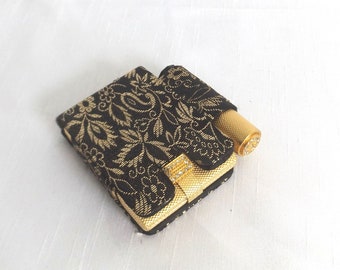 1940s Max Factor Compact and Lipstick Tube w Rhinestones in Black & Gold Brocade Case - Pressed Powder Unused - Vintage Makeup - Gift