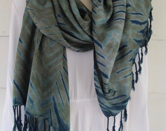 Hand-dyed, indigo over MX dye, handwoven rayon scarf with fringe, pleated arashi shibori, 26 x 76 inches