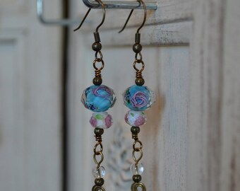 Blue Earrings, Dangle Earrings, Blue Dangle Earrings, Long Earrings, Blue & White Lamp Work Earrings, Summer Earrings, Summer Jewelry
