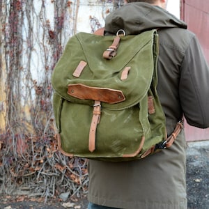 Large Military Backpack, Vintage Army Rucksack, Old Army Backpack, Canvas Backpack with Leather Straps, Big Military Green Rucksack