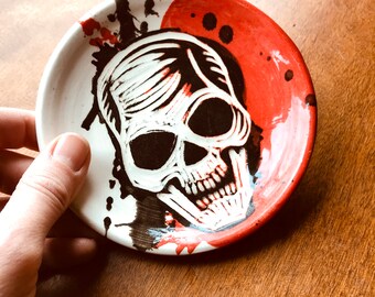 Skull with Splatter - Red, White & Black - Small Plate or Trinket Dish