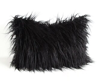 Black Faux Fur 12 x 18 Lumbar Pillow Cover Curly Mongolian Lamb Zipper