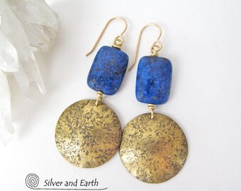 Lapis Earrings, Gold Dangle Earrings, Brass Earrings, Blue Stone Earrings, Lapis Lazuli Jewelry, Blue & Gold Earring, Handmade Metal Jewelry