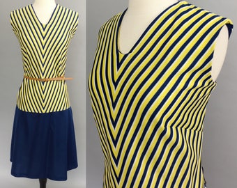 vintage 70s dress || 1970s dress || navy blue and yellow chevron stripe dress || collegiate dropwaist dress || fall dress || large xl