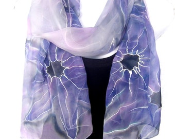 Abstract Silk Scarf, Hand Painted Silk Scarf, Purple Lavender Silver Gray, 71" Long Scarf, Silk Chiffon Scarf, Gift For Her