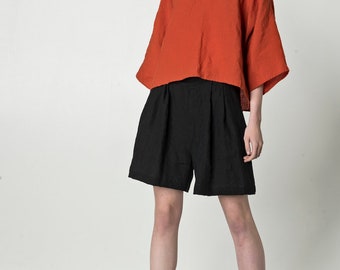 NEW Orange linen top / kimono style top for women / loose linen shirt / v-neck top / long sleeve blouse / bright summer top
