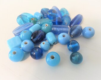 Blue Glass Beads, 30 Glass Beads, Various Sizes and Shapes, Bead Lot, Glass Bead Lot, Craft Lot