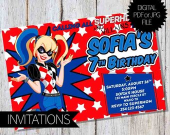 Harley Quinn Super Hero Girls Birthday Party PRINTABLE Invitations | DC SuperGirls | Digital Invitation