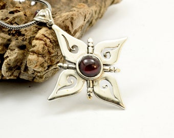 Sterling silver garnet pendant big cross necklace flower and spirals January birthstone garnet jewelry, gift for her