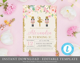 Rosey Nutcracker Birthday Invitation Card | Instant Download, Editable, Printable | Ballerina Watercolor Flowers Winter Birthday