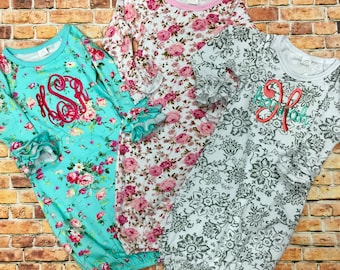 Monogrammed Floral Ruffle Gowns - Baby Girl Gift | Going Home | Baby Showers | Newborn Gown | New Baby | Gift for Baby