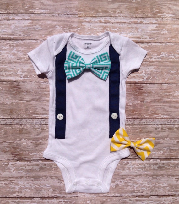 Items similar to Baby boy onesie w/ suspenders and velcro bow ties ...