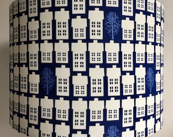 Scandic houses and trees dark blue lampshade