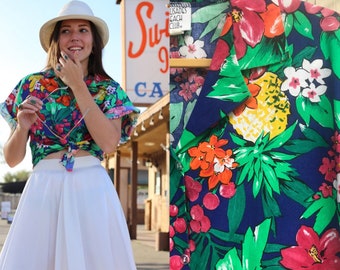 Vintage 1980s Boxy Tropical Print Cotton Button Up
