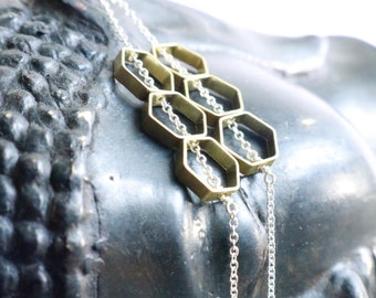 Honeycomb Earrings, Hexagon Jewelry, Geometric Minimalist, Gold Hexagons, Raw Gold Brass, Dangle Drop, Sterling Silver, Long Silver Chains