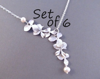 Pearl Bridesmaid Necklace Set of 6, Silver Orchid Flowers with Pearls, Bridal Party Jewelry, Wedding Jewelry, Lariat Style Necklace