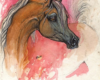 palomino arabian horse, equine art, equestrian, original pen and watercolor painting