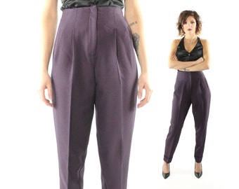 Vintage 80s High Waisted Trousers Tapered Leg Pants Pleated Cuffed Plum Purple Houndstooth 1980s Small S Leggings