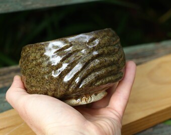 Carved stoneware tea bowl - matcha chawan