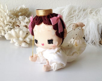 Vintage pose doll angel baby retro Japan fairy stockinette pixie netting wings Christmas decoration
