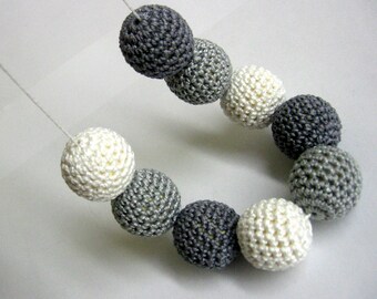 Crocheted beads 22mm 9pc handmade round in gray and white