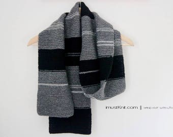 hand knit scarf || knit garter scarf || winter scarf | striped scarf | one of a kind mens scarf -grey black stripe 6.5 x 70.5''