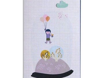 Carte enfant, garçon avec ballons, illustration rétro, cute, mignon, cadeau naissance, chambre bébé, ateliervudo, vudo