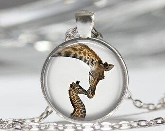 Giraffe Necklace Mama and Baby Animal Jewelry Wildlife Safari Nature Art Pendant in Bronze or Silver with Link Chain Included