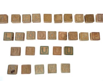 Antique Wooden Blocks Primitive Toy Alphabet Animals ABC Building Blocks Antique Toy Blocks Flat 2 Sided Raised Letters Early Toy Old Wood
