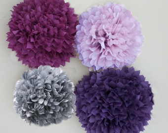 Purple, Lilac, Plum, and Grey Tissue Paper Pom Poms | 4 Piece Set | Weddings | Bridal Shower | Birthday | Nursery | Party Decorations