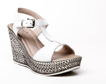 White leather shoes, Womens white sandals leather, Womens leather sandals size 37 EU, white platform sandals, Womens slingbacks