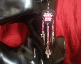 ROCK STAR guitar pick earrings with diamonte guitar charm stars and chains