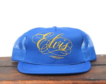 Vintage Trucker Hat Snapback Baseball Cap Elvis Presley Swirly Script Logo Rock N Roll