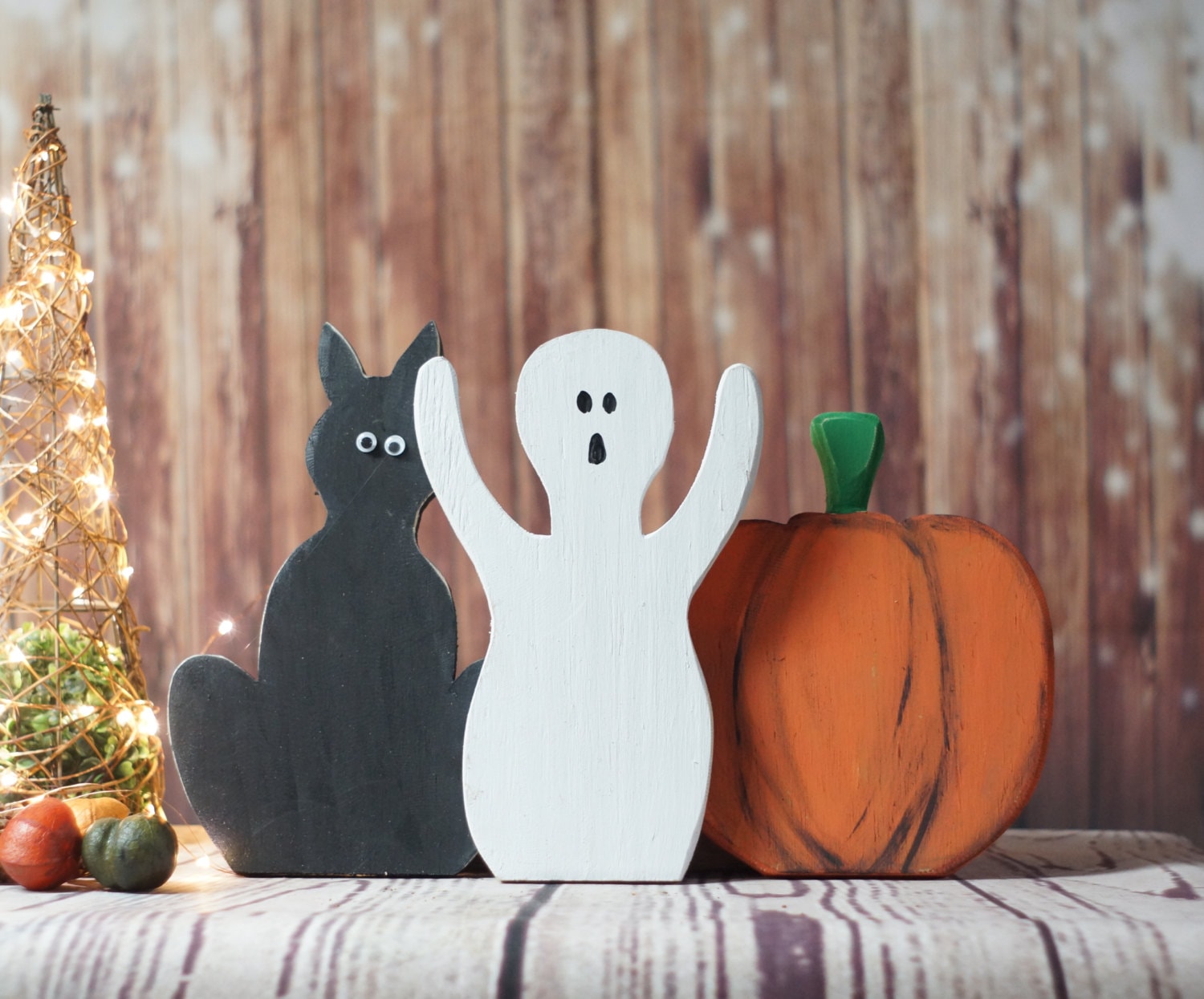 Rustic Halloween Black Cat Pumpkin Decor Ghost Shelf