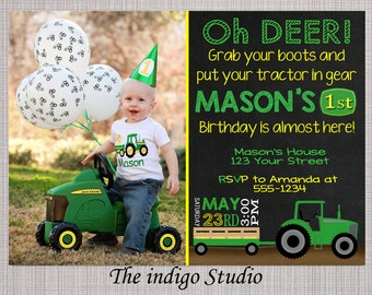 Tractor Birthday Party with or without Photo Invitation Matching chalkboard, Thank you and Milestone - Invite Card Personalized you Print