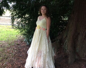 Romantic Prairie Wedding Dress Upcycled Slip Pale Lemon Fairytale Fantasy~