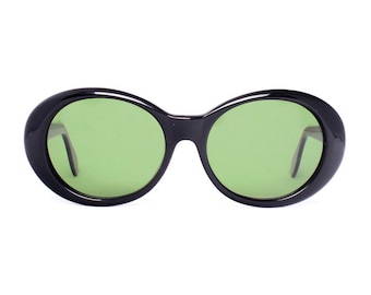 oval black vintage sunglasses - round sunglasses for women - 80s new deadstock sun glasses - black frame with green lenses